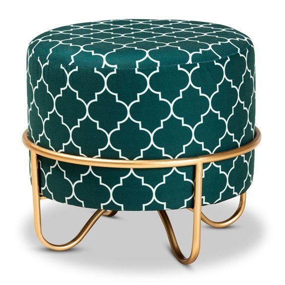 Baxton Studio Candice Glam and Luxe Teal Green Quatrefoil Velvet Fabric Upholstered Gold Finished Metal Ottoman