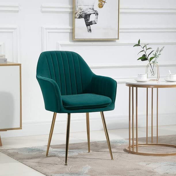 BAWARI Velvet Upholstered Modern Accent Arm Chair for Living and Dining Room Mid-Century Club Guest Seat with Golden Legs (Standard, Green)