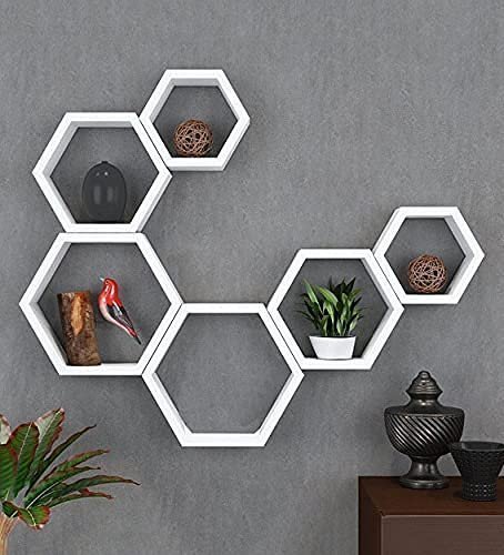 Lenakel Sizkon Engineered Wood Hexagon Shape Wall Shelf for Living Room & Bed Room – Set of 6 (White)