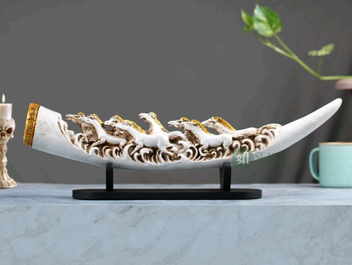 Shri Handicrafts 15″ Decorative Resin 7 Horse Tusk Showpiece for Home Decoration (White)