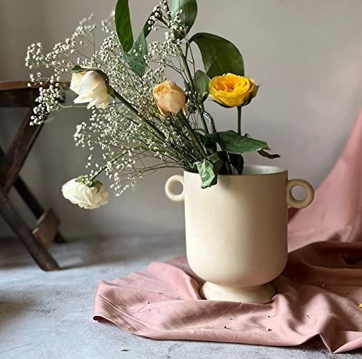 Craftribal Ceramic Handle Pot/Vase | Ceramic Flower Vase | Matte Finish, 7 Inches (White)