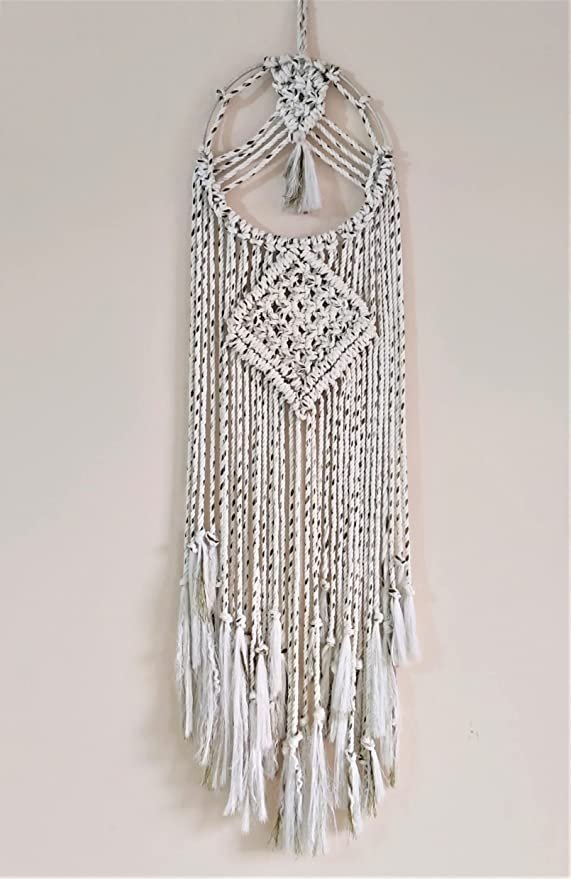 Kasba Cotton Wall Hanging for livingroom Decoration | Bohemian Geometric Theme | Cotton Dream Catcher | Bohemian Wall Decor | Handmade (3 feet, White with Green Lines)