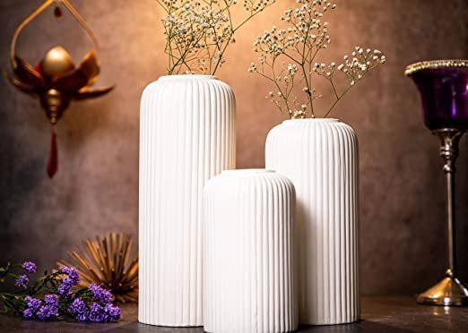 KREATIVE ART’S Modern Ceramic Flower Vase for Living Room, Flower Pots for Home Decoration , Home Decor, White Vase (Set of 3PCS, Off White)