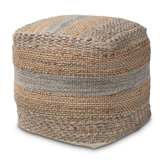 Baxton Studio Grange Moroccan Inspired Natural and Grey Handwoven Hemp Pouf Ottoman