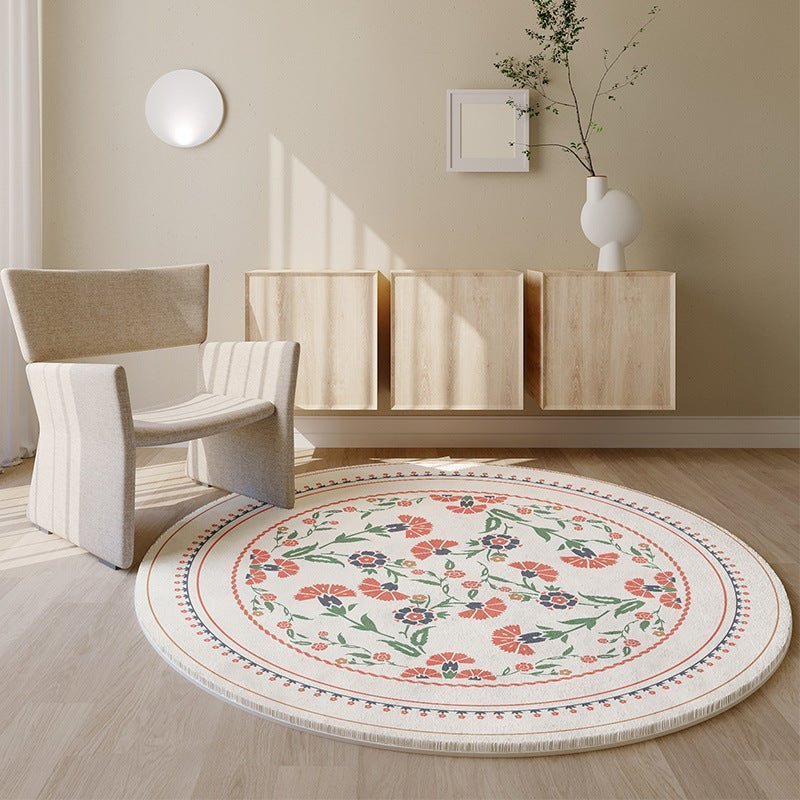 Beige And Flower Round Carpet