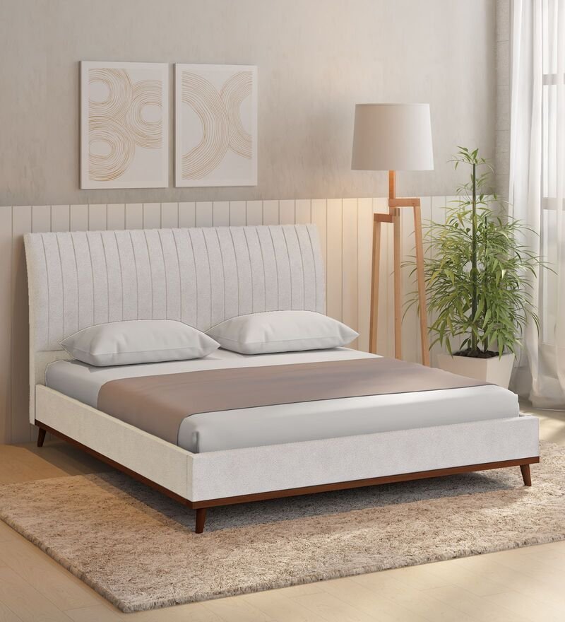 Alonso Upholstered Queen Size Bed in Light Beige Colour