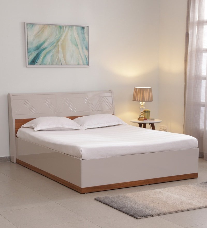 Catalina Queen Size Bed with Storage in Natural Teak Wood Finish