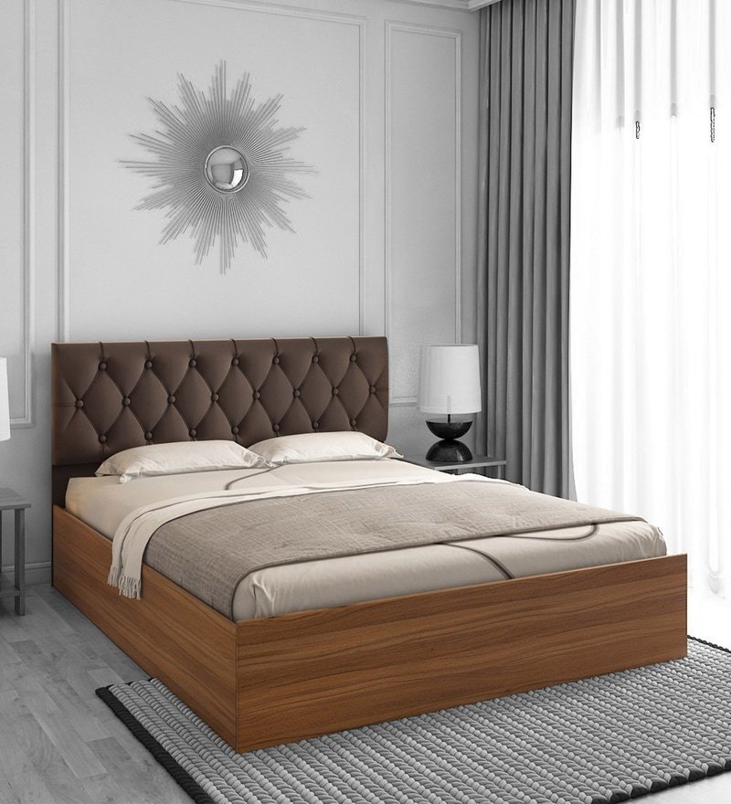 Comet King Size Upholstered Bed With Box Storage In Exotic Teak Finish