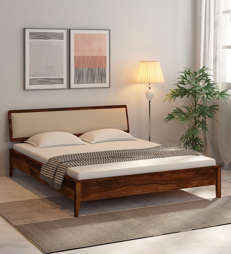 Flair Solid Wood Queen Size Bed With Upholstered Headboard In Provincial Teak Finish