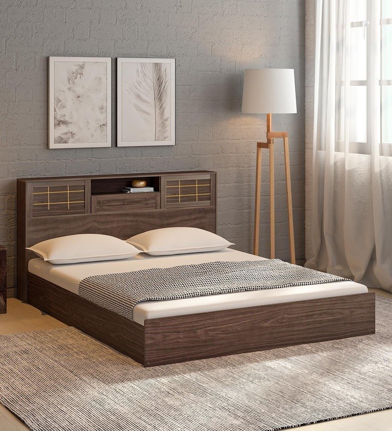 Hideki Goldline King Size Bed With Box Storage In Walnut Finish