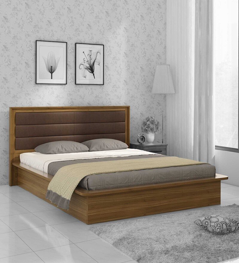 Kosmo Cooper Queen Size Upholstered Bed With Box Storage in Natural Teak Finish