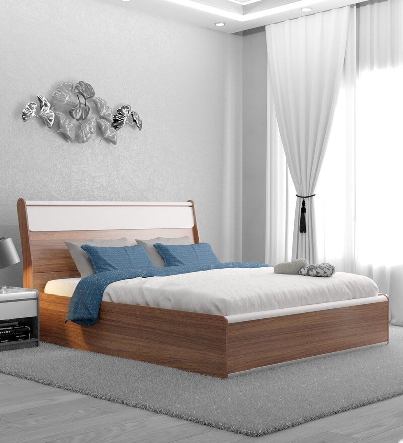 Lixo Queen Size Bed with Box Storage in Teak finish