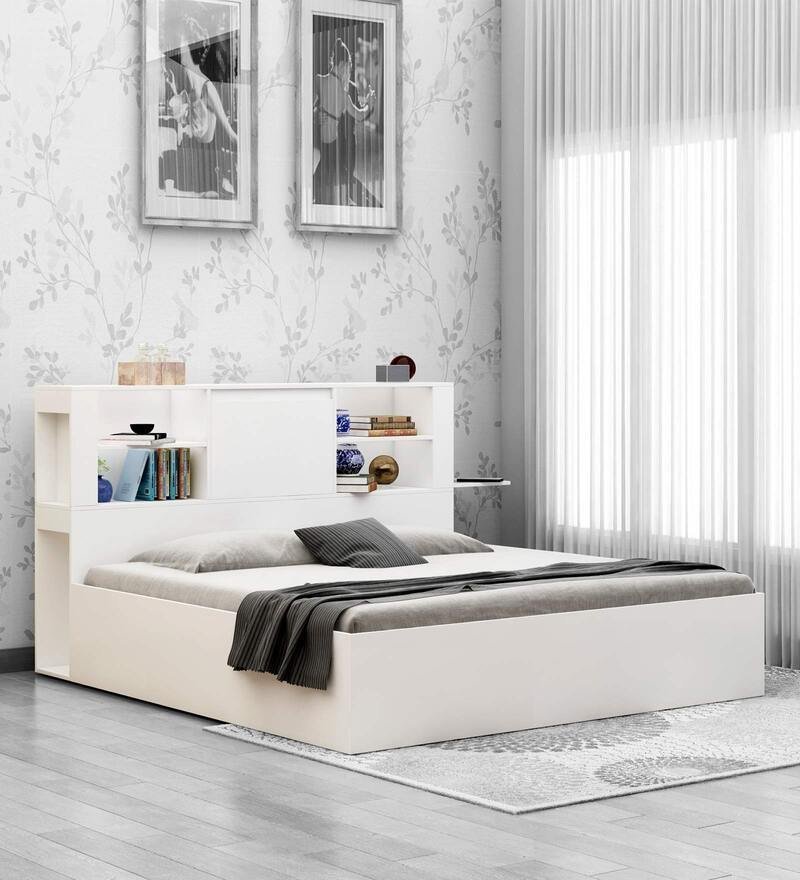 Magnus Queen Size Bed with Box Storage & Charger in Mist White Color