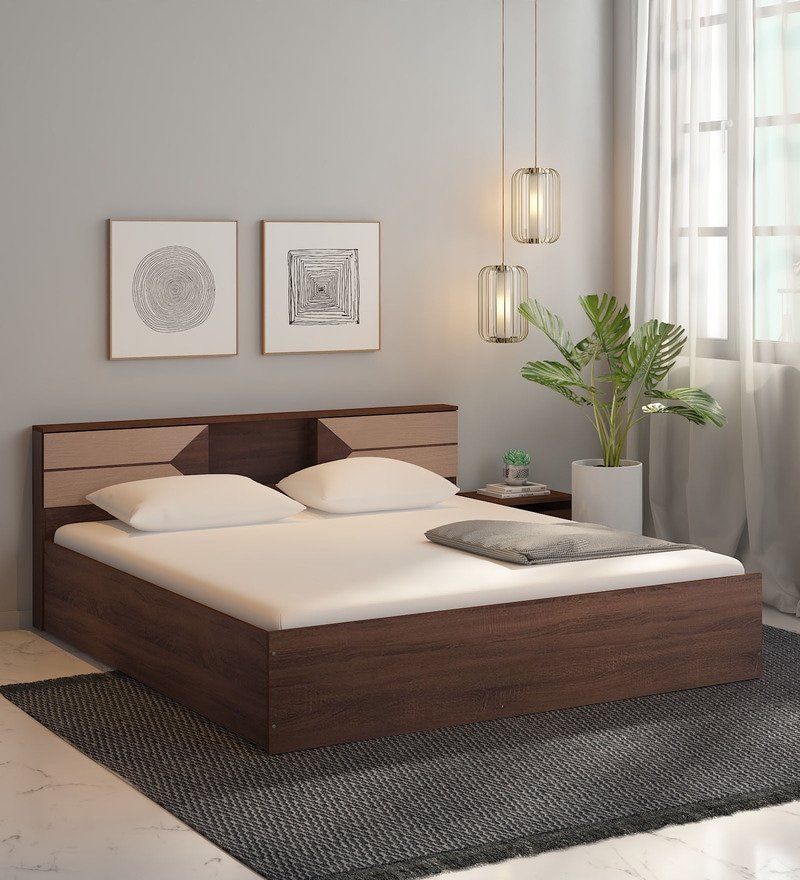 Shamon King Size Bed With Box Storage In Walnut Finish