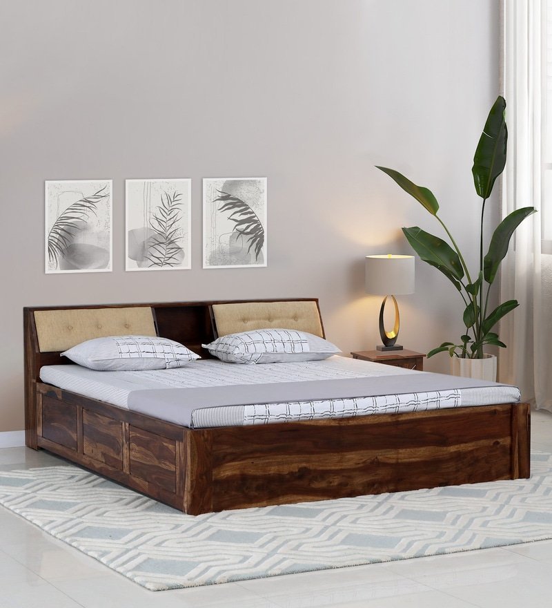 Ursula Solid Wood King Size Bed with Headboard & Box Storage in Rustic Teak Finish