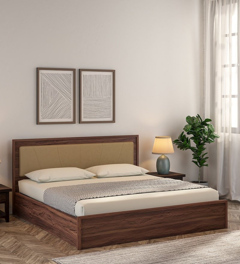 Yuko King Size Upholstered Bed With Storage In Columbia Walnut Finish